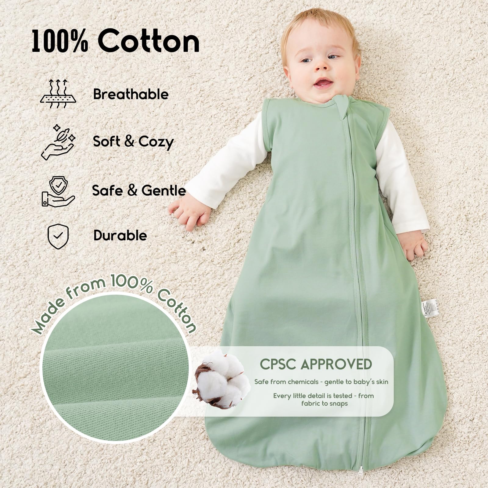 Yoofoss Baby Sleep Sack 6-12 Months TOG 1.0 Baby Wearable Blanket, 2 Pack 100% Organic Cotton Infant Toddler Sleeping Sack 2-Way Zipper Lightweight Sleep Sack