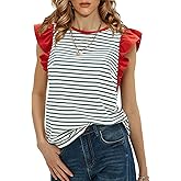 EXLURA Womens Summer Striped Short Tshirts Ruffle Sleeve Tops Business Casual Trendy Blouses