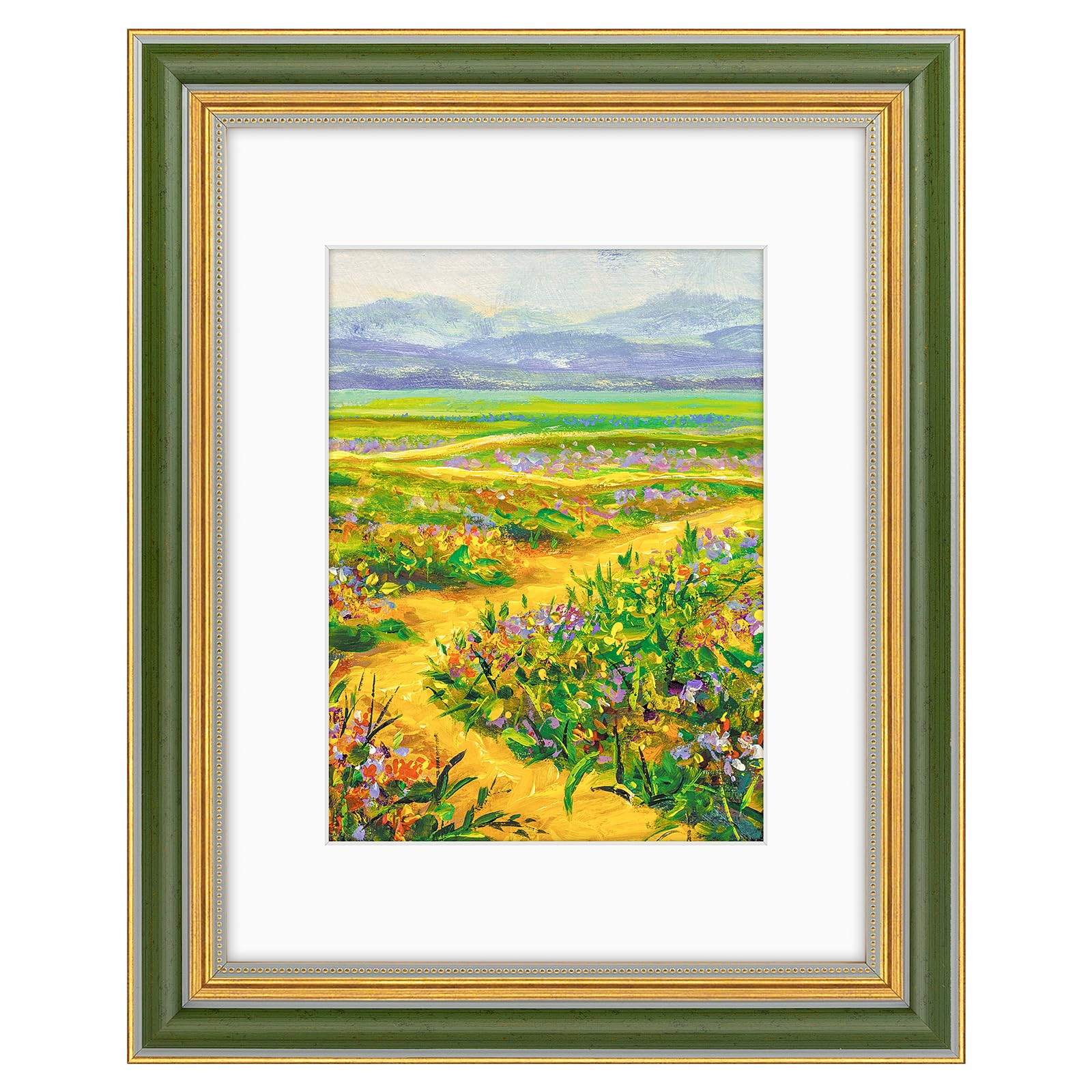 Golden State Art, 8.5x11 Ornate Picture Frame With White Mat for 6x8 Photo or Display 8.5 x 11 Prints without Mat Color Green Gold (Plexiglass Front)