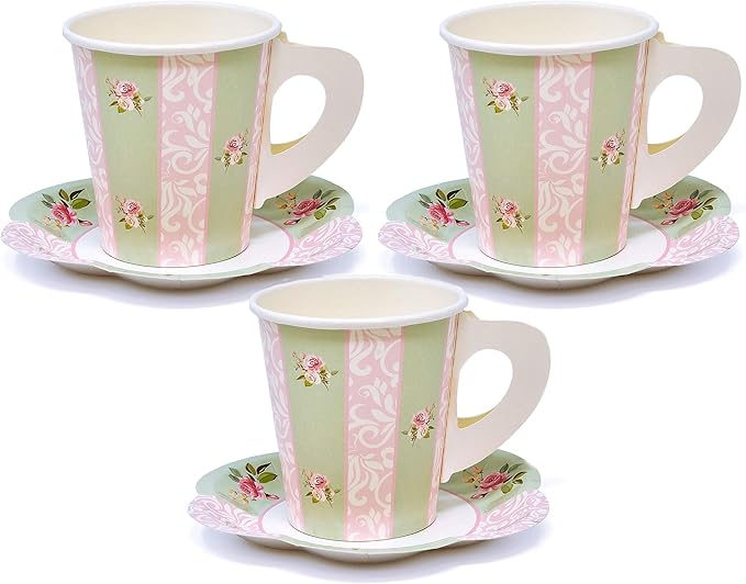 24 Disposable Tea Party Cups 5 oz 3" 24 Saucers 5" Paper