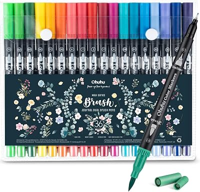 Ohuhu 36 Colour Dual Tip Brush Pens Fineliner Art Markers Set Maui Black