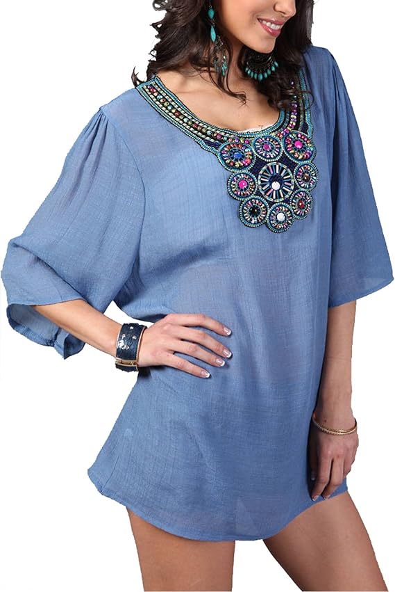 Roaays M Women's Tunic Tops 3/4 Sleeve Casual Embroidery Bohemian Tunic