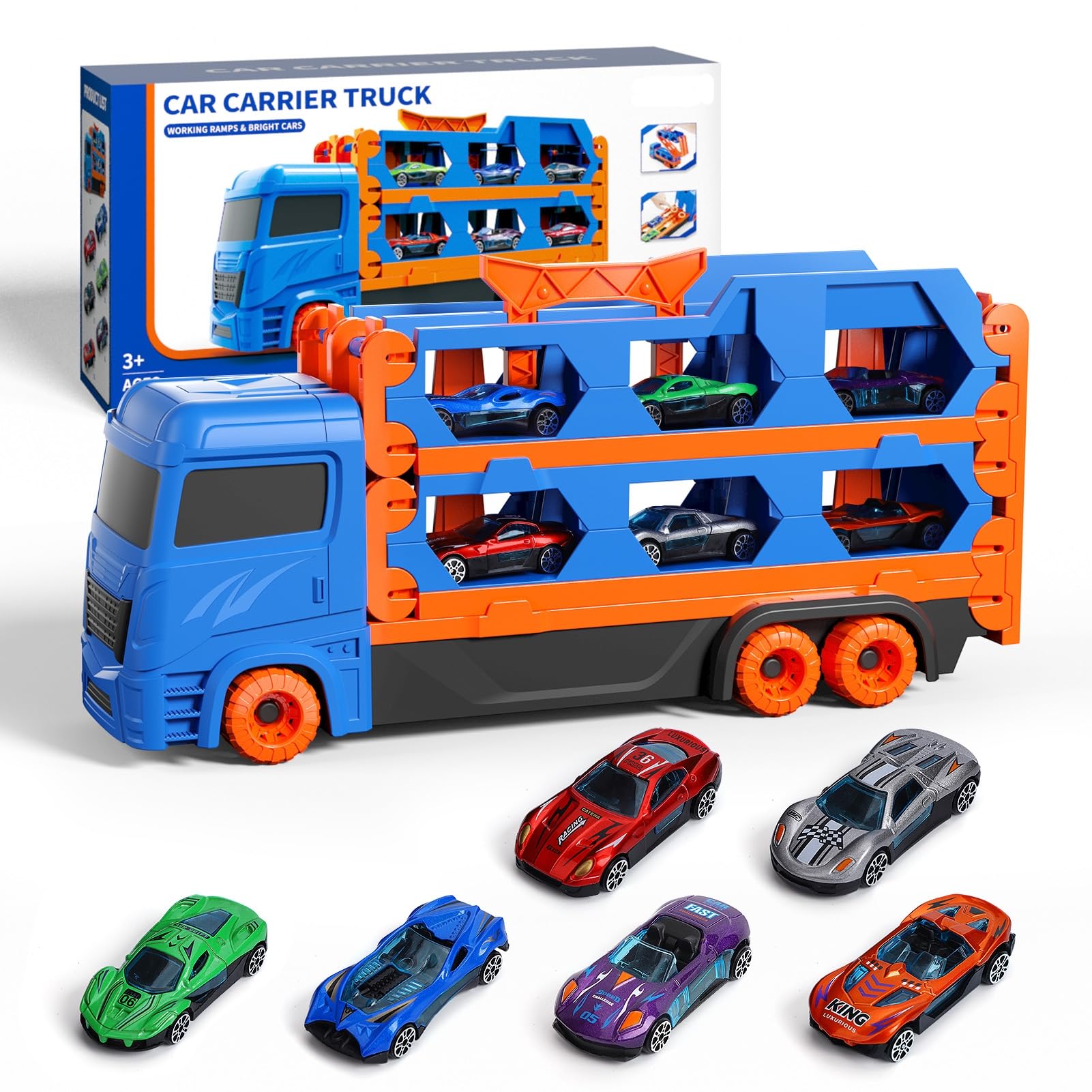 Ci Vetch Auto Spielzeug für 2-6 Jahre alte Jungen, Transport LKW Auto Spielzeug mit 61-Zoll-Rennstrecke, Blau 5