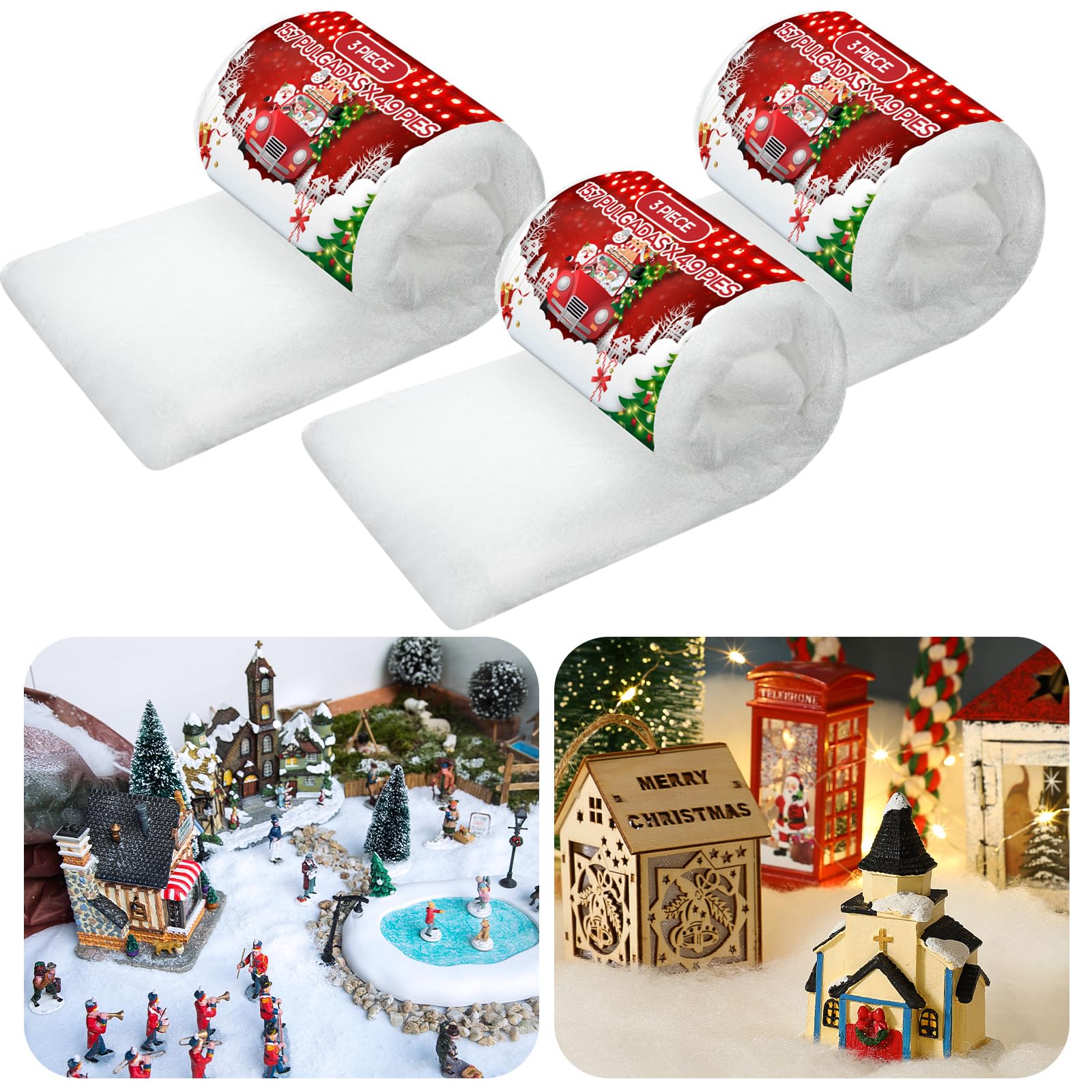 BBTO Christmas Snow Blanket Set Artificial Snow Blankets for Christmas Village Backdrop Decorations (3 Pieces,15.7 Inch x 4.9 Feet)