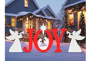 LEIFEOSH Christmas Joy Nativity and Angels Outdoor Decoration, JOY Christmas Nativity Scene Yard Signs Lawn Decor Weather Resistant PVC Silhouette Outdoor Decor, Red and White