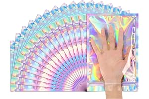 Funfery 50 Pcs Smell Proof Holographic Resealable Bags,6.3x9.4in Clear Window,Mylar Foil Baggie with Zipper,Sealing Pouch Packaging Bag for Food Storage,Candy,Party Favor Sample Business Supplies