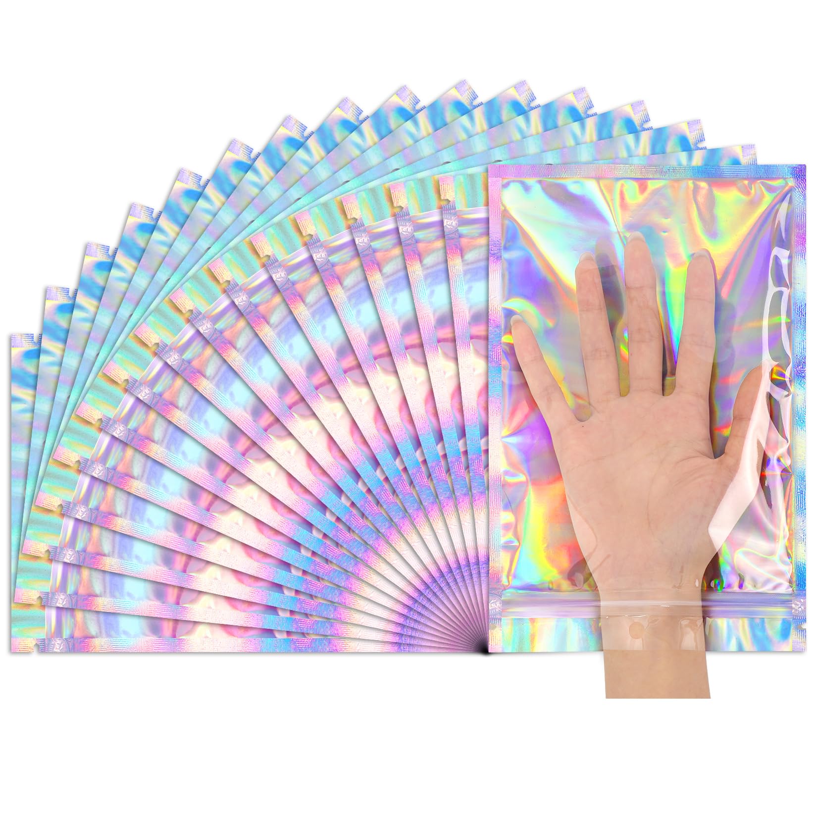 Photo 1 of Funfery 50 Pcs Smell Proof Holographic Resealable Bags,6.3x9.4in Clear Window,Mylar Foil Baggie with Zipper,Sealing Pouch Packaging Bag for Food Storage,Candy,Party Favor Sample Business Supplies