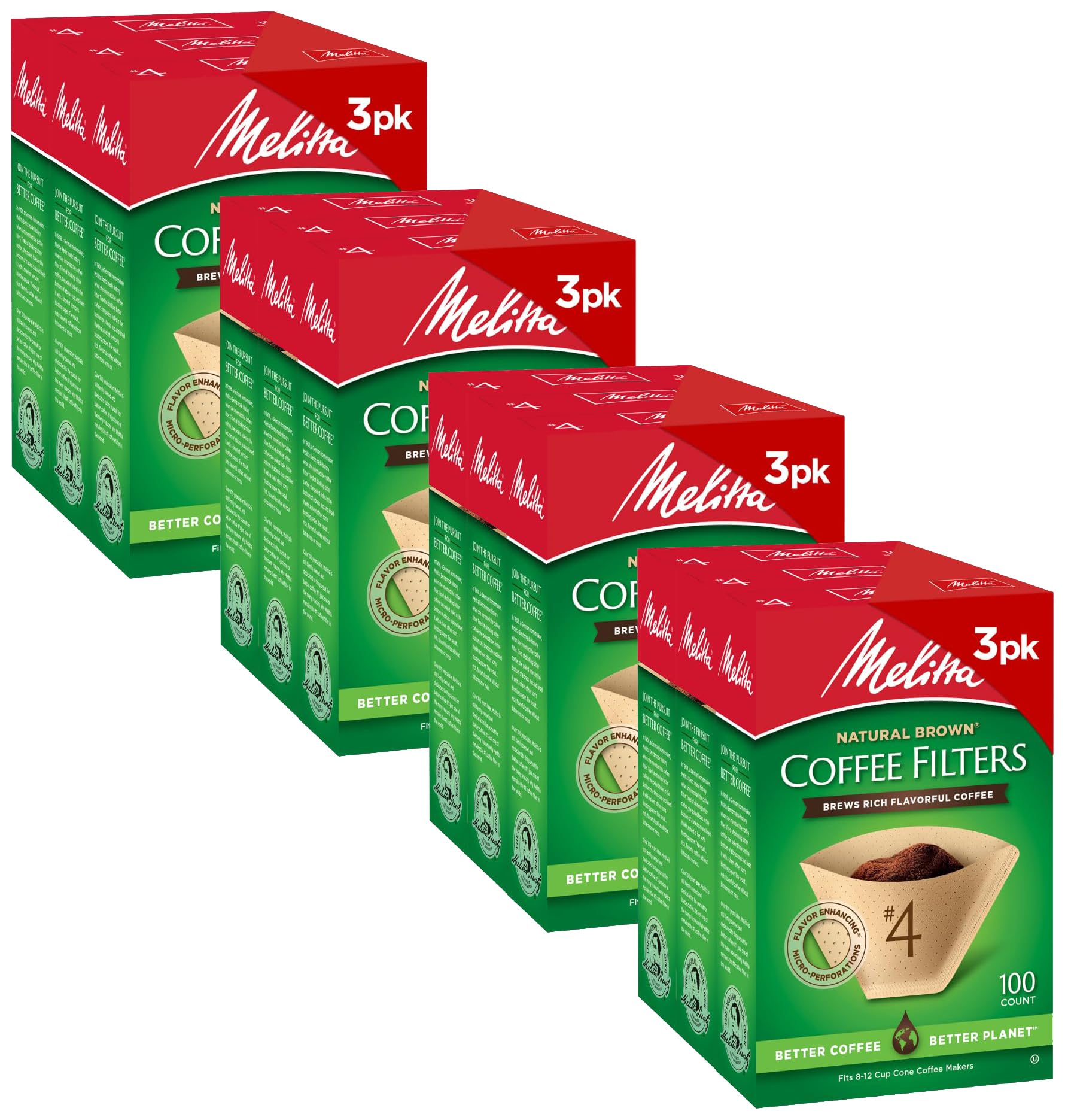 Melitta #4 Unbleached Coffee Filters, Premium, Natural Brown, Flavor Enhancing Coffee Filters for 8-12 Cup-Coffee Makers, Kosher Certified, Compostable, 100 Count (Pack of 12)
