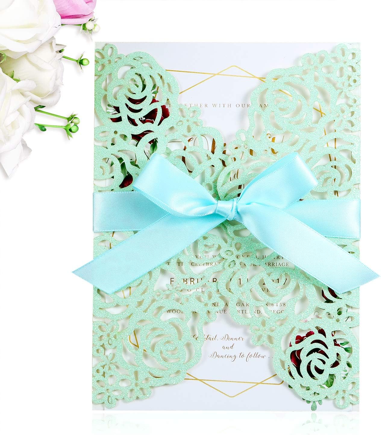 PONATIA 25PCS/Lot 5.12 x 7.1'' Laser Cut Wedding Invitations Cards Hollow Rose With Babay Blue Ribbon For Wedding Bridal Shower Engagement Birthday Graduation Invite (Tifny Blue Glitter)