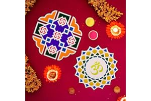 Satvik 2 Pc Different Design Portable MDF Rangoli 12 Inch Wooden Base Rangoli Stencil Rangoli Pallet for Floor Home Diwali Decoration, Pooja Decor DIY Reusable MDF Rangoli Mat with Wooden Base