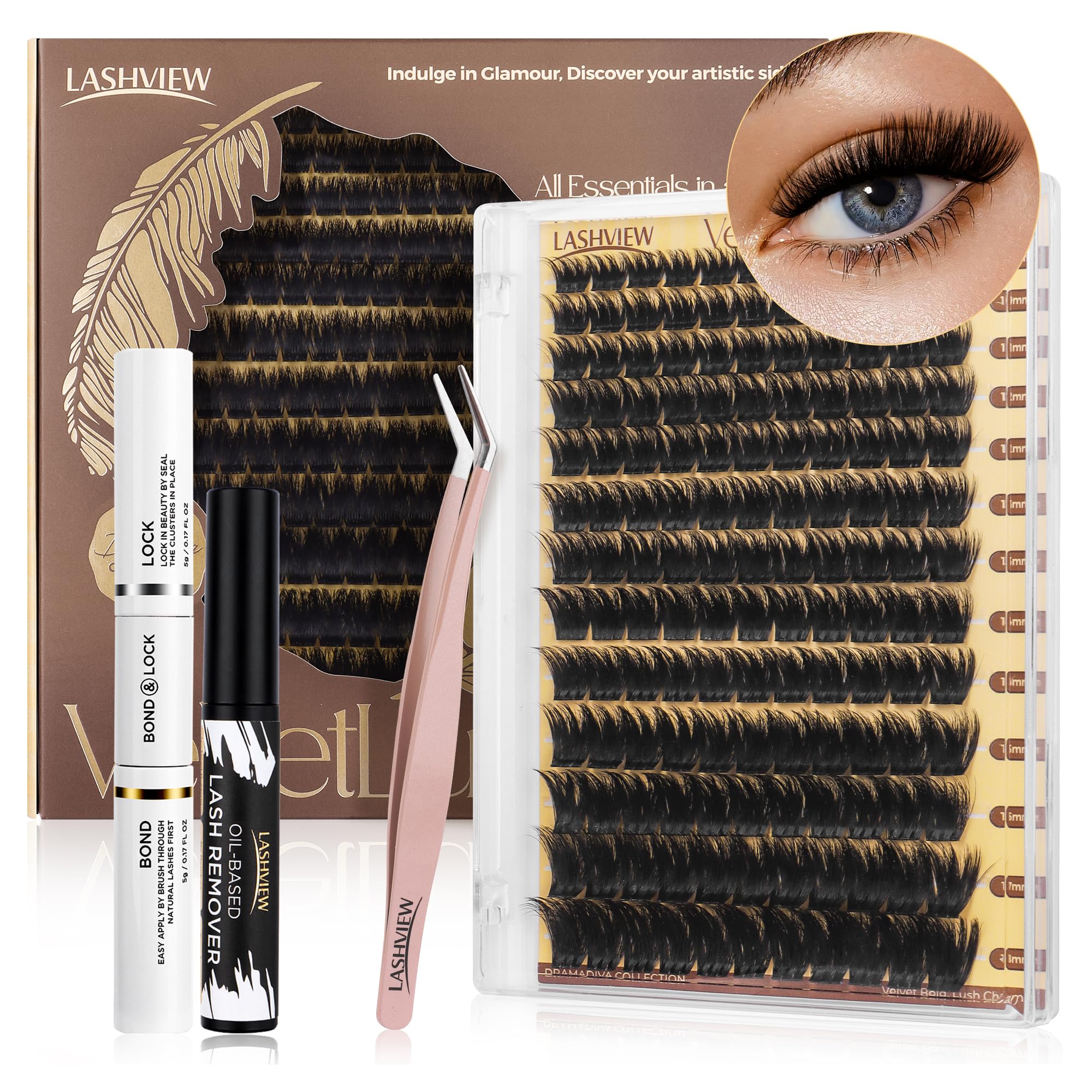 LASHVIEW DIY Eyelash Extension Kit, Fluffy Lash Extension Kit D Curl 9-18mm mix Clusters with Bond&Seal, Remover and Applicator DIY Lash Extensions for Easy at Home Application Style NM04