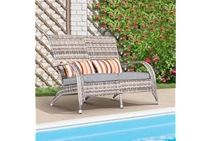 PATIO NOVAGARDEN Outdoor Patio Wicker Loveseat Bench Outside Small Loveseat Sofa Couch Double Adirondack Chairs Rattan Fire Pit Chairs Comfy Patio Chair Low Deep Seating High Back with Cushion for Balcony Deck Grey