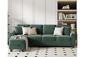 KKL Convertible Sectional Sofa, Corduroy, Green, 106 inch, L Shaped Couch with Storage Ottoman