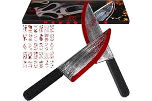 JAPIOR 2Pcs Fake Chucky Knife with 30pcs Tattoo Stickers,Halloween Bloody Ghostface Props Toy Knife Set Horror Movie Scream Props Knife Scary for Halloween Costume Cosplay Accessories and Makeup Parties