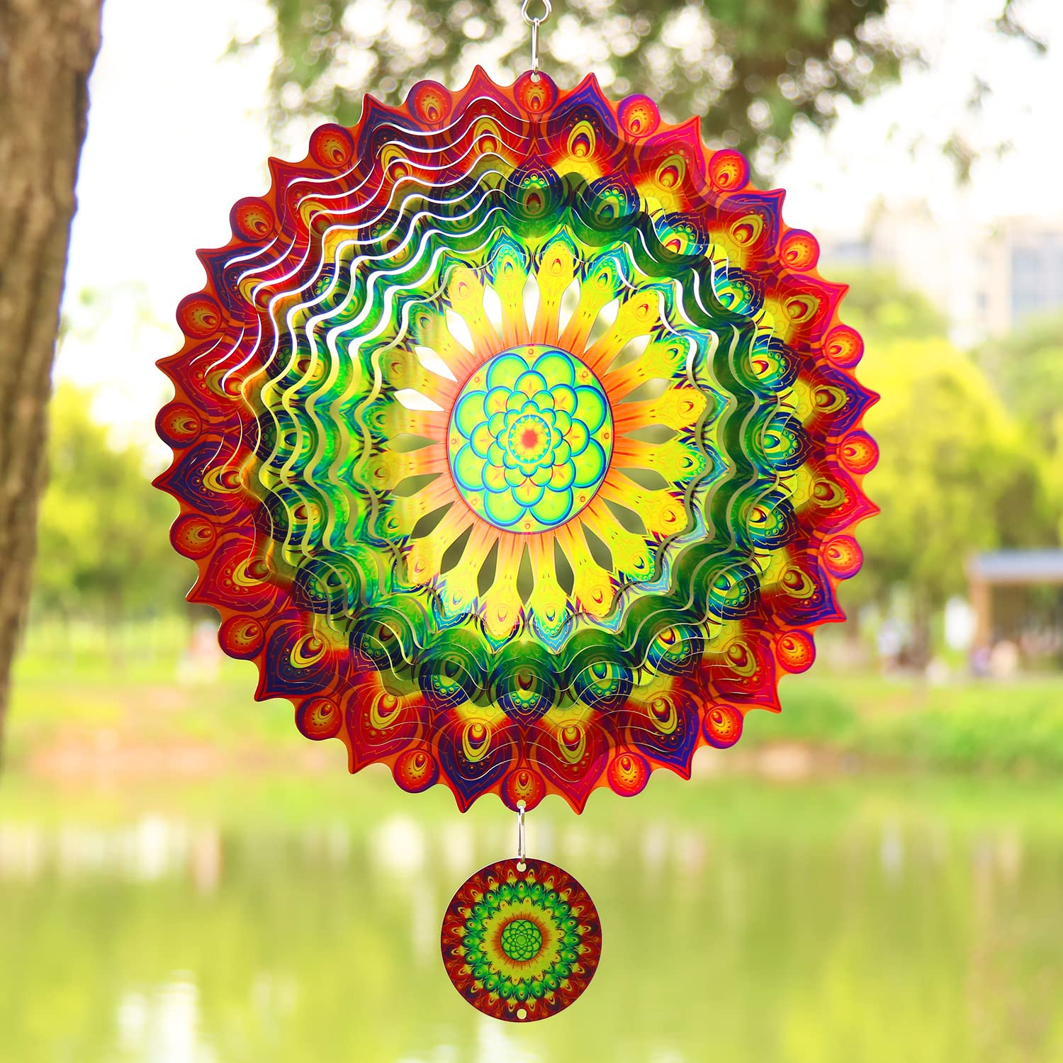 TFANUO 3D Mandala Wind Spinners 12 inch Decorations Sculptures Kinetic Hanging Whirligigs Stainless Steel Laser Cut Metal Mandalas Art, Starburst Hanging D飯r Indoor/Outdoor Decor,Green