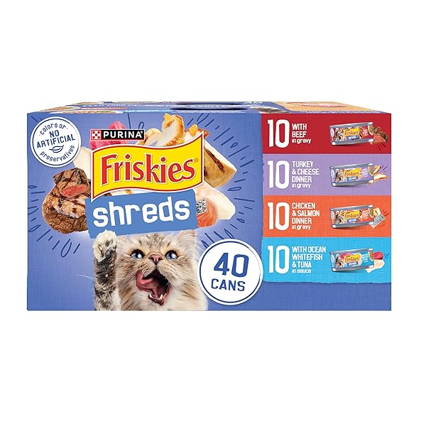 PURINA FRISKIES WET CAT FOOD VARIETY PACK, SHREDS WITH BEEF, TURKEY AND CHEESE DINNER, CHICKEN AND SALMON DINNER, AND WITH OCEAN WHITEFISH AND TUNA – (PACK OF 40) 5.5 OZ. CANS