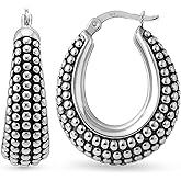 LeCalla 925 Sterling Silver Bali-Style Hoop Earrings Lightweight Click-Top Antique Two-Tone Beaded Italian Bali Style Earring Hoops for Women