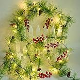 ChiRee Christmas Garlands 6.56FT 30 LED Smokey Pine Garlands with Lights Battery Operated Pine Cone Garland with Red Berry Bells Green Garland Christmas Decorations for Xmas Holiday Indoor Outdoor