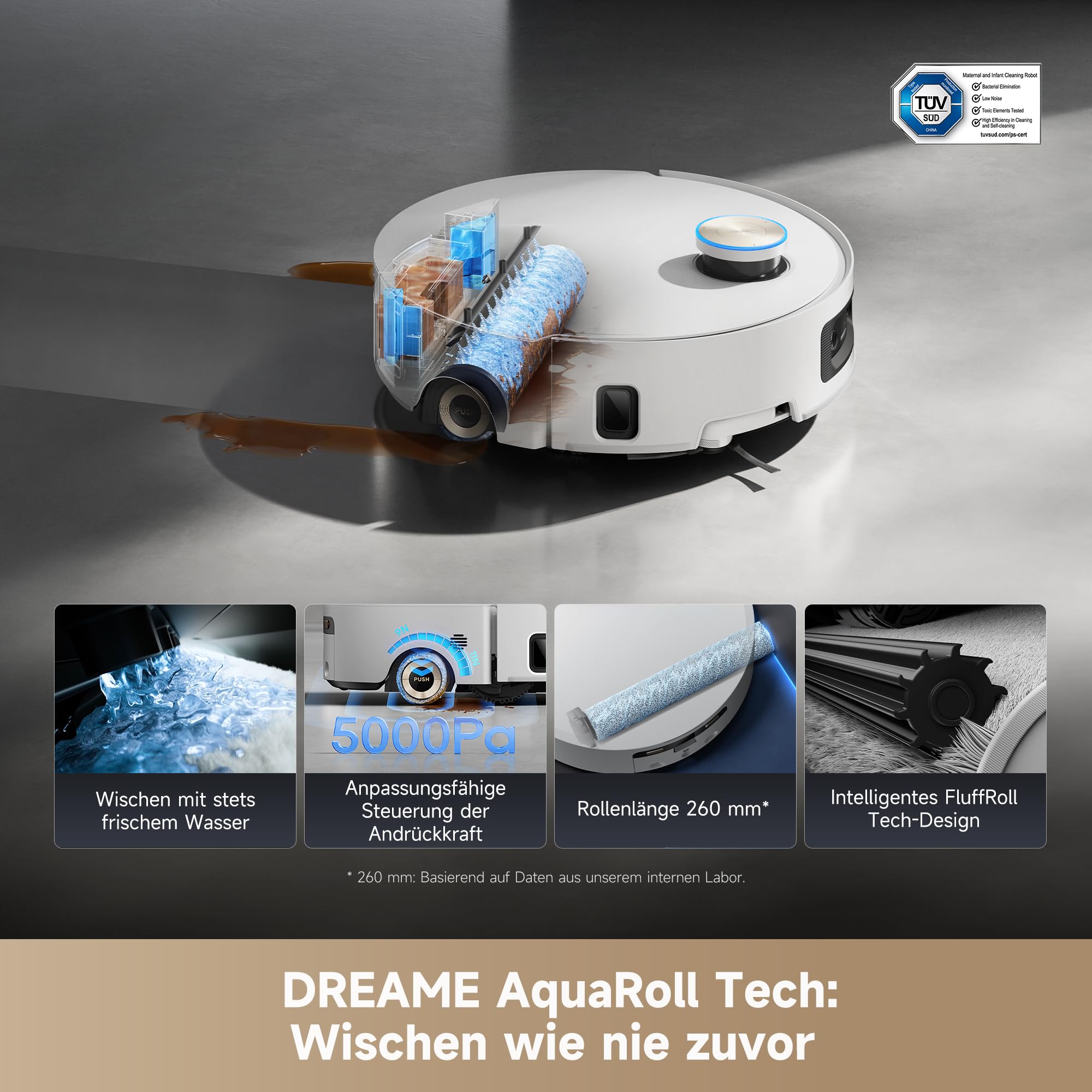 dreame Aqua10 Ultra Roller Complete Saugroboter mit Wischfunktion, 30.000Pa Saugkraft, 8 cm Hindernisfreiheit, Selbstreinigung der Rollen, automatisches Entleeren, intelligente Sprachsteuerung