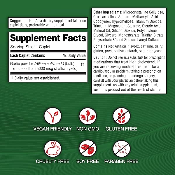 GARLIQUE GARLIC EXTRACT SUPPLEMENT, HEALTHY CHOLESTEROL FORMULA, ODORLESS & VEGAN, 60 CAPLETS