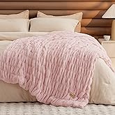 Bedsure Gentlesoft Double-Sided Ruched Faux Fur Throw Blanket for Couch, Cozy Soft Fuzzy Fluffy Faux Rabbit Fur Blanket, Luxury Gifts for Women Thick Warm Plush Room Decor, 50X60 Inch, Pink