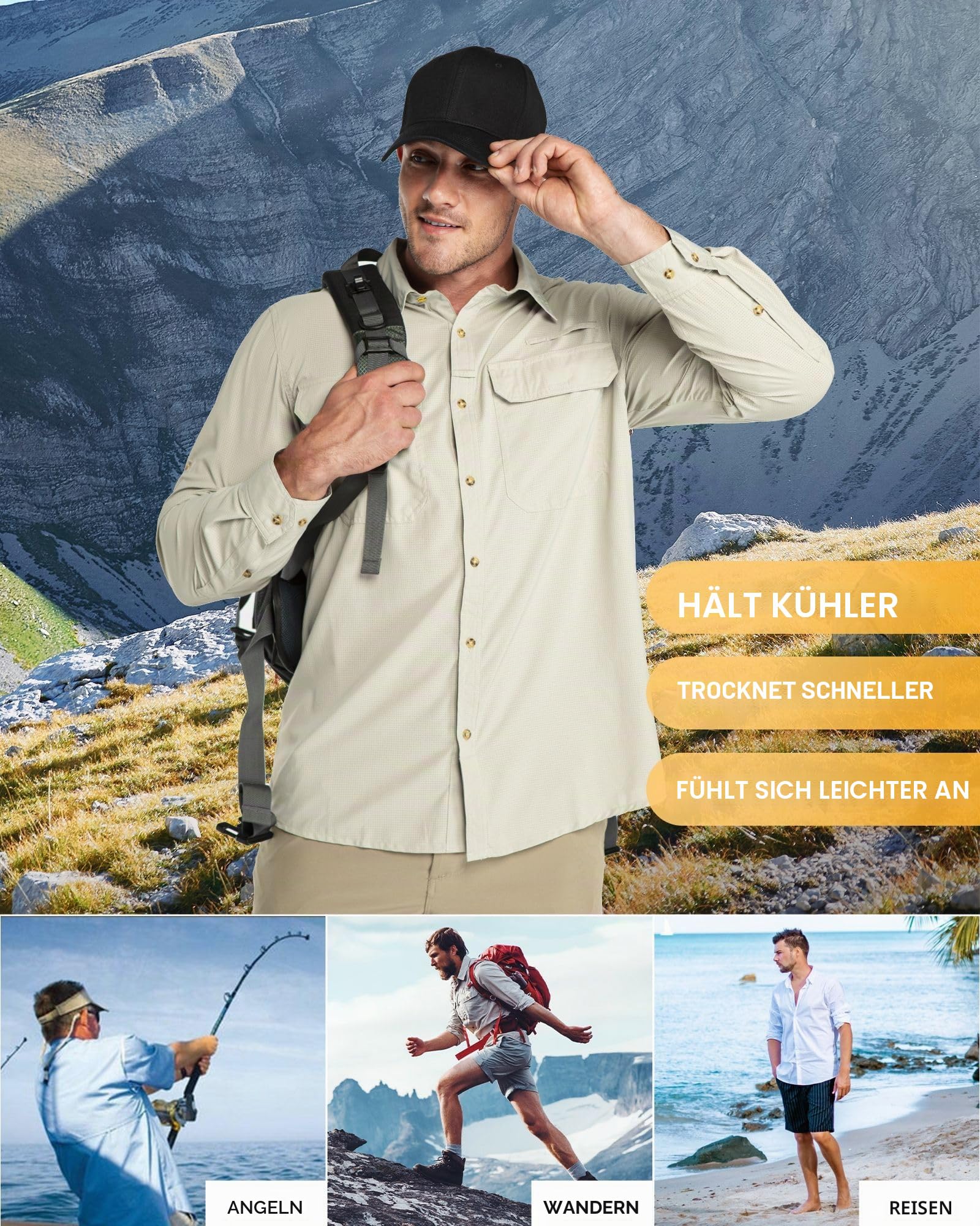 33,000ft Herren Sportshemd Langarmhemd Atmungsaktives Funktionshemd Schnelltrocknende Shirt Outdoorhemd für Männer Frühling Sommer Herbst Wandern Angeln Shirts Khak L 2