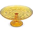 Amici Home Flower Footed Glass Cake Stand | Round Vintage Style Cake Plate | Serving Platter for Cupcakes, Cookies | Dessert Display Stand for Parties, Weddings, and Gift | 10” D x 4” H (Amber)
