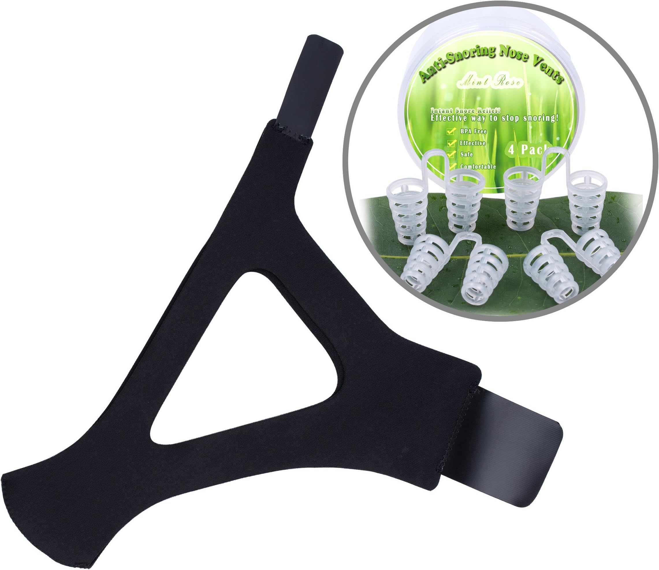 Mint Rose Pro Adjustable Stop Snoring Chin Strap and Free Anti Snoring Nose Vents (Black) (New Black)