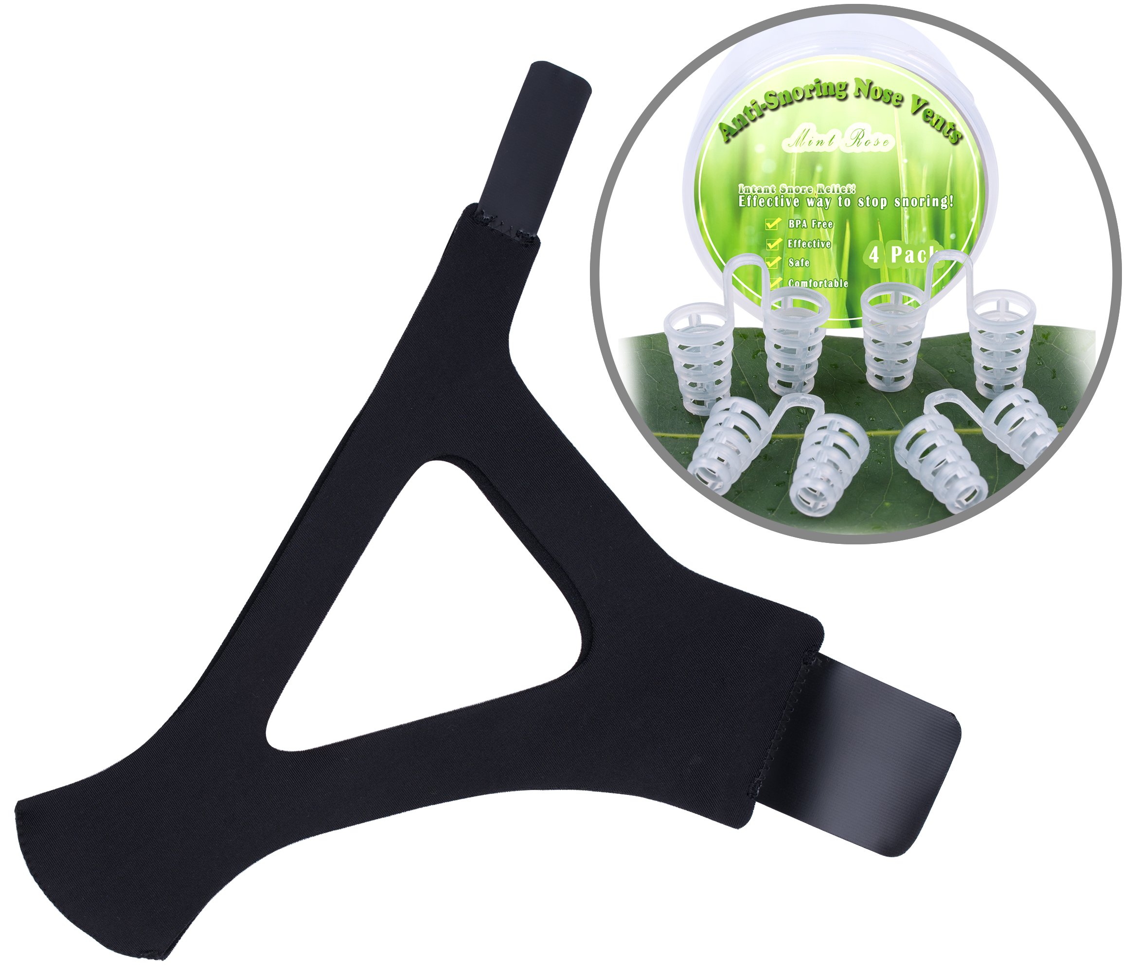 Mint Rose Pro Adjustable Stop Snoring Chin Strap and Free Anti Snoring Nose Vents (Black) (New Black)