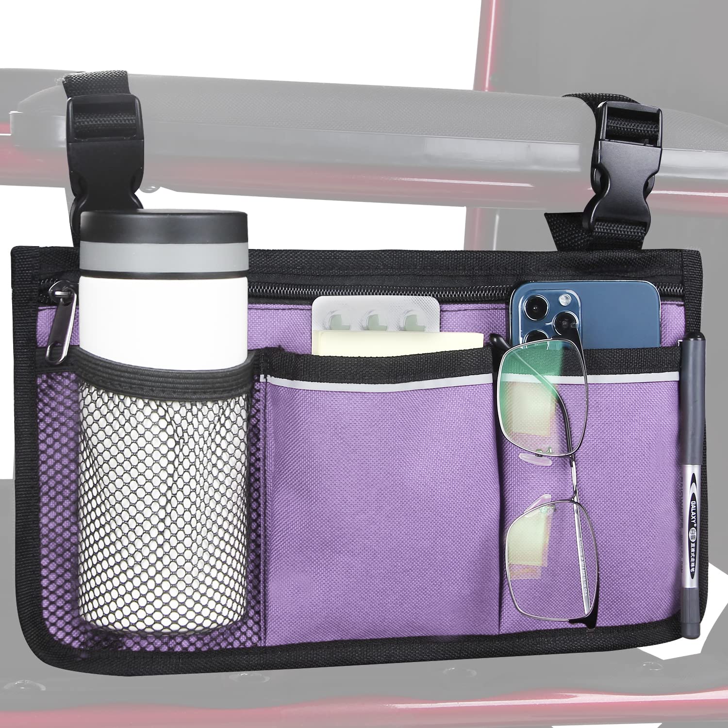 Photo 1 of Wheelchair Side Bag, Armrest Storage Pouch with Cup Holder and Reflective Strip Use of Waterproof Fabric, for Most Wheelchairs, Walkers or Rollators (Purple)