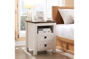 T4TREAM Nightstand with Charging Station, End Table, Side Table with 2 Drawers Storage Cabinet for Bedroom, Living Room, Farmhouse Design, Wood Rustic, Antique White