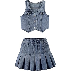 PATPAT Girls Denim Jeans Vest & Pleated Skirt Set, 2-Piece Cowgirl Outfits