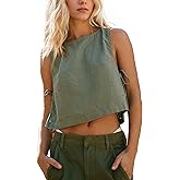 synound Cotton Linen Crop Top for Women Summer Tank Tops Sleeveless Split Tie Side Boxy Cropped Casual Loose Going Out Vest