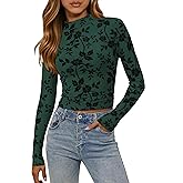 MASCOMODA Mesh Long Sleeve Tops for Women 2025 Trendy Mock Neck Crop Going Out Fitted Floral Shirts Fall Fashion Clothing