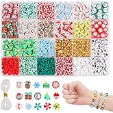CCINEE 1144 PCS Christmas Bracelet Making Kit Polymer Clay Beads Friendship Bracelet Kit Pony Beads Charms for Christmas Crafts DIY Gifts Making Supplies