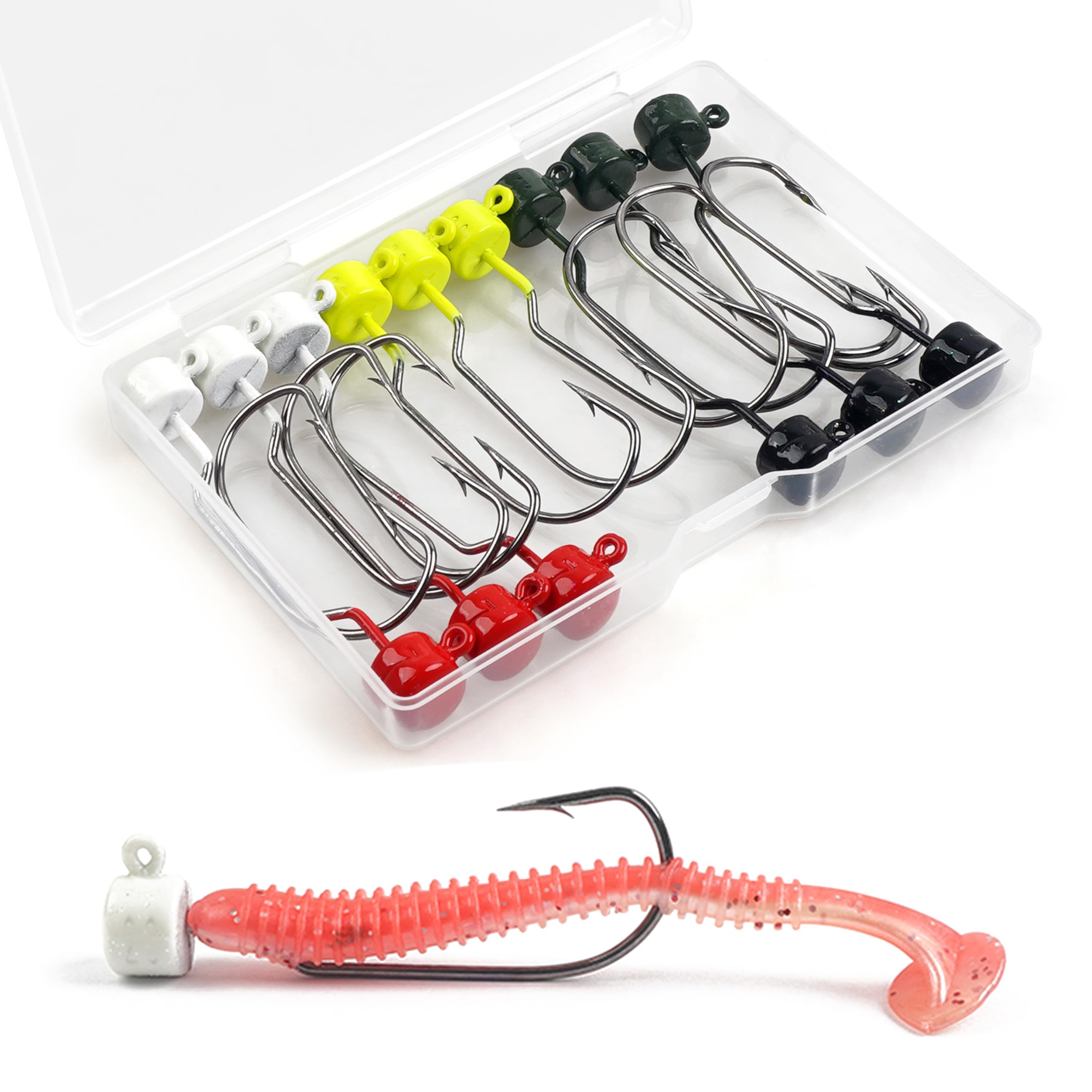 Ned Rig Jig Heads Kit, 15pcs Finesse Mushroom Shroom Jig Hooks for Soft Plastic Baits Offset Weedless Jig Head Wide Gap Ned Rig Hooks for Bass Fishing 7g 10g