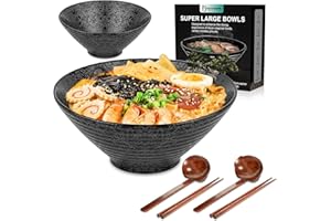 NJCHARMS Japanese Ramen Bowl Set of 2 with Spoons & Chopsticks, 60oz Large Ceramic Noodle Soup Bowls for Ramen, Pho, Udon, As