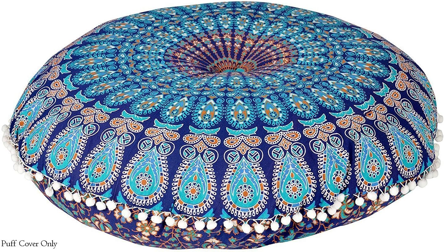 32" Blue Large Mandala Floor Pillow Meditation Cushion Seating Throw Cover Hippie Decorative Bohemian Boho Indian Pouf Ottoman by Monika Enterprises