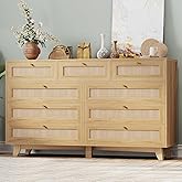 AOGLLATI Rattan Dresser for Bedroom with 9 Drawer, Modern Wooden Long Bedroom Dresser, Chest of Drawers with Metal Handle & Solid Wood Legs for Bedroom/Living Room, Wood