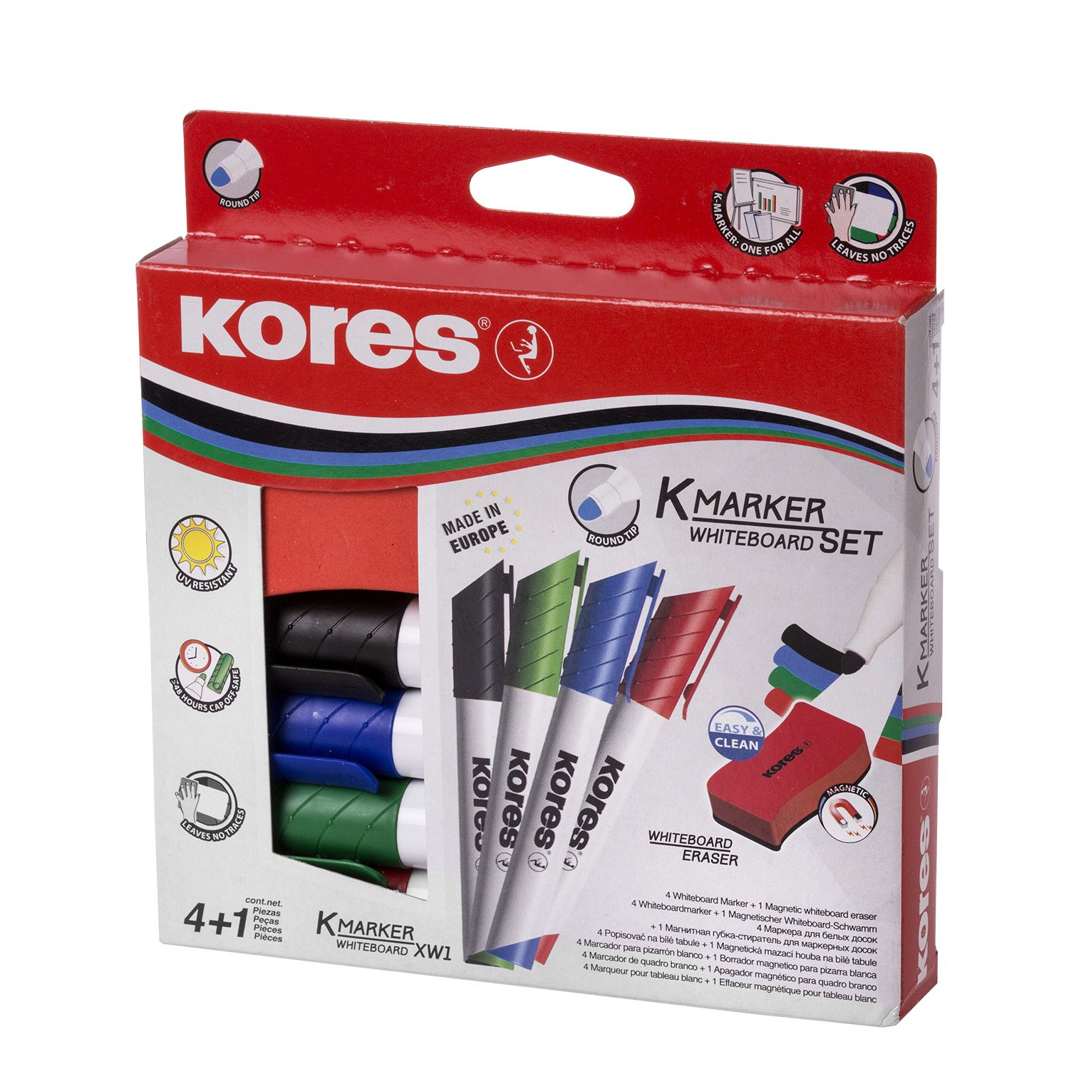Kores - Coloured Whiteboard Marker Pens - K-Marker XW1, Round Tip with Low-Odour Ink, Dry Wipe Marker Pens, Back to School Supplies, Office Supplies - Pack of 5 - 4 Assorted Colours & Magnetic Eraser