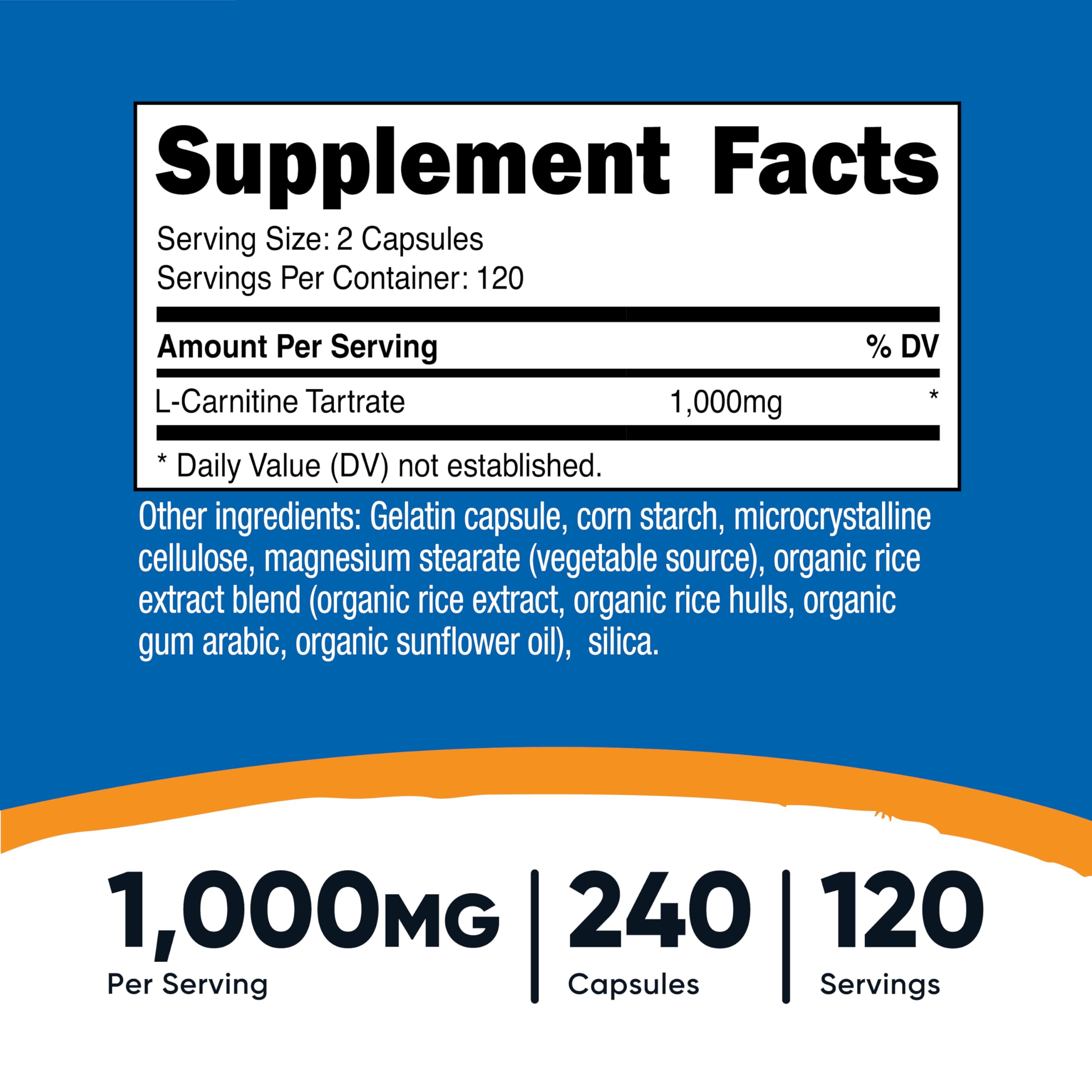 Nutricost L-Carnitine Tartrate 1,000mg, 240 Capsules - 500mg Per Capsule, 120 Servings