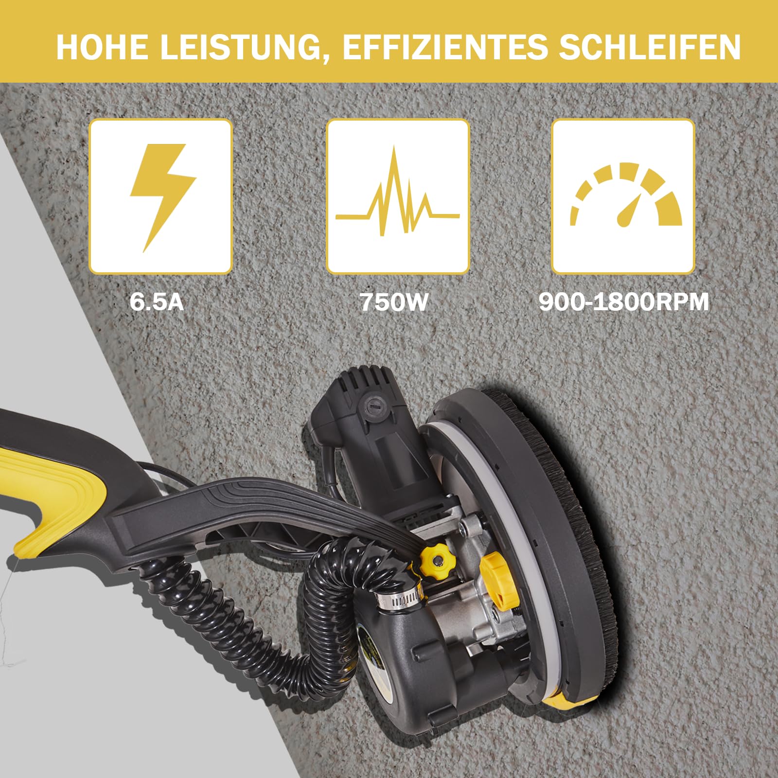 Trockenbauschleifer, 750W Wandschleifer mit Automatischem Vakuumsystem und Ø 214mm Schleifgiraffe inkl Absaugbeutel LED-Licht, 7-Gang Getriebe, 900-1800RPM Deckenschleifer, Faltbarem Griff 2
