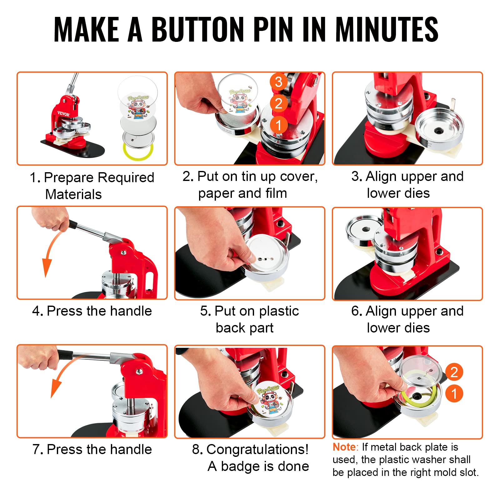 VEVOR 500 Sets 2.25 inch 58mm Pin Back Button Parts, DIY Round Button Badge Parts, Set Includes Metal Top, Plastic/Metal Button, Clear Film, and Blank Paper for Gifts Presents, Machine NOT Included