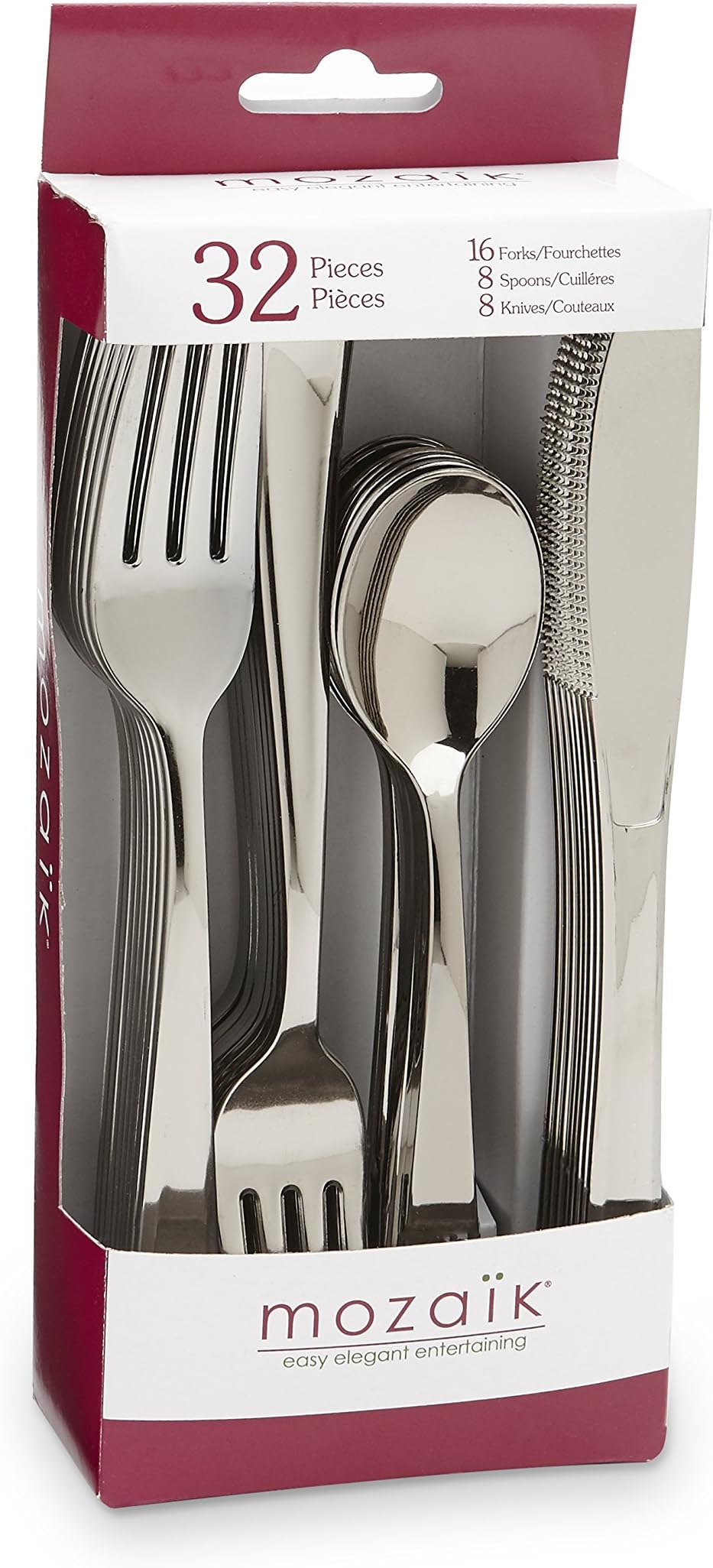 Mozaik Premium Plastic Classic Stainless Steel Coated Assorted Cutlery, 32 pieces