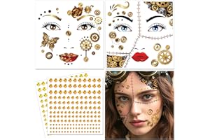 DPKOW Halloween Tattoos Temporary Steampunk Face Stickers with Face Gems, Steampunk Costume Accessories Makeup Halloween Face