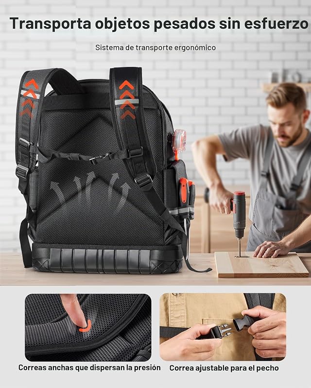 Mochila para Herramientas, Mochila de Trabajo 365 x 195 x 470 mm con 64 Bolsillos, Compartimento para Portátil y Base Moldeada, Organizador de Herramientas para Electricistas, Reparadores