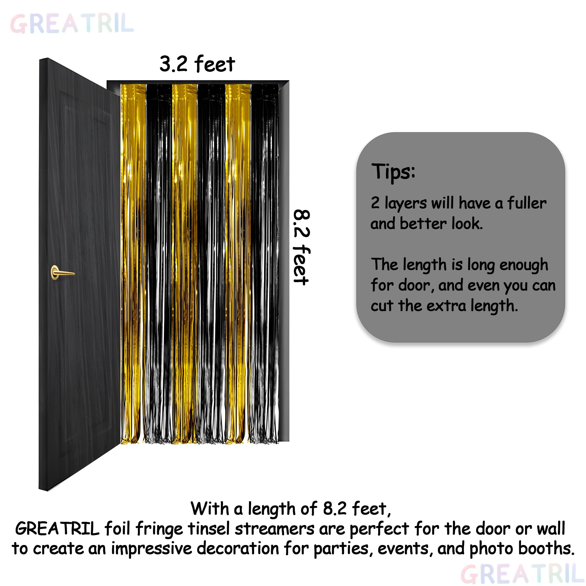 Black and Gold Party Streamers Decoration - GREATRIL Foil Fringe Backdrop for 2025 NYE/Anniversary/Farewell/Cocktail/Prom/EID/Birthdays - 3.2ft X 8.2ft - 2 Packs