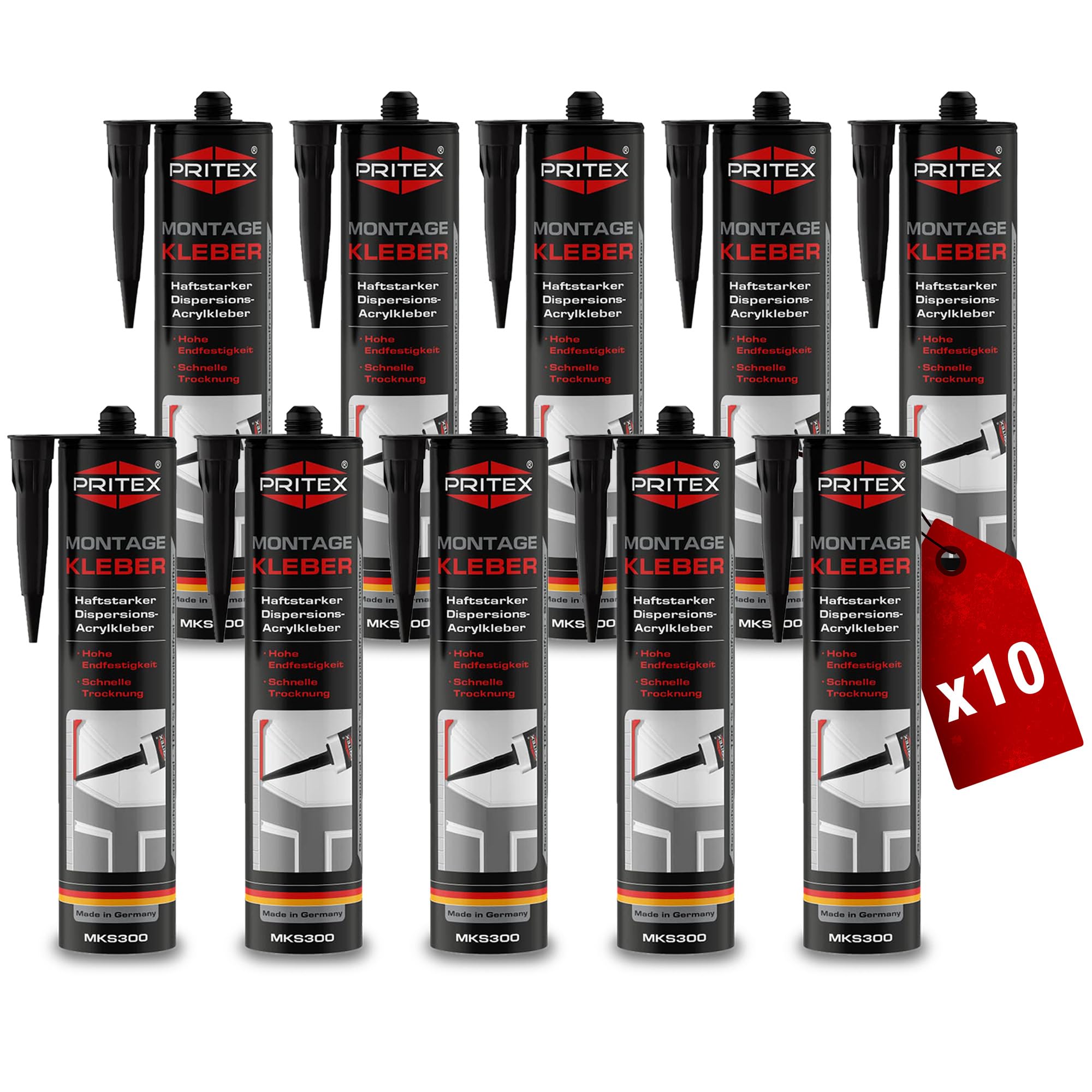 PRITEX – Profi Montagekleber Weiß 10x 300 ml – Baukleber für Holz-Paneele, Kabelkanäle, Sockelleisten, Styropor, Fliesen, Beton uvm. – haftstarker Universalkleber auf Acrylatdispersion-Basis für innen