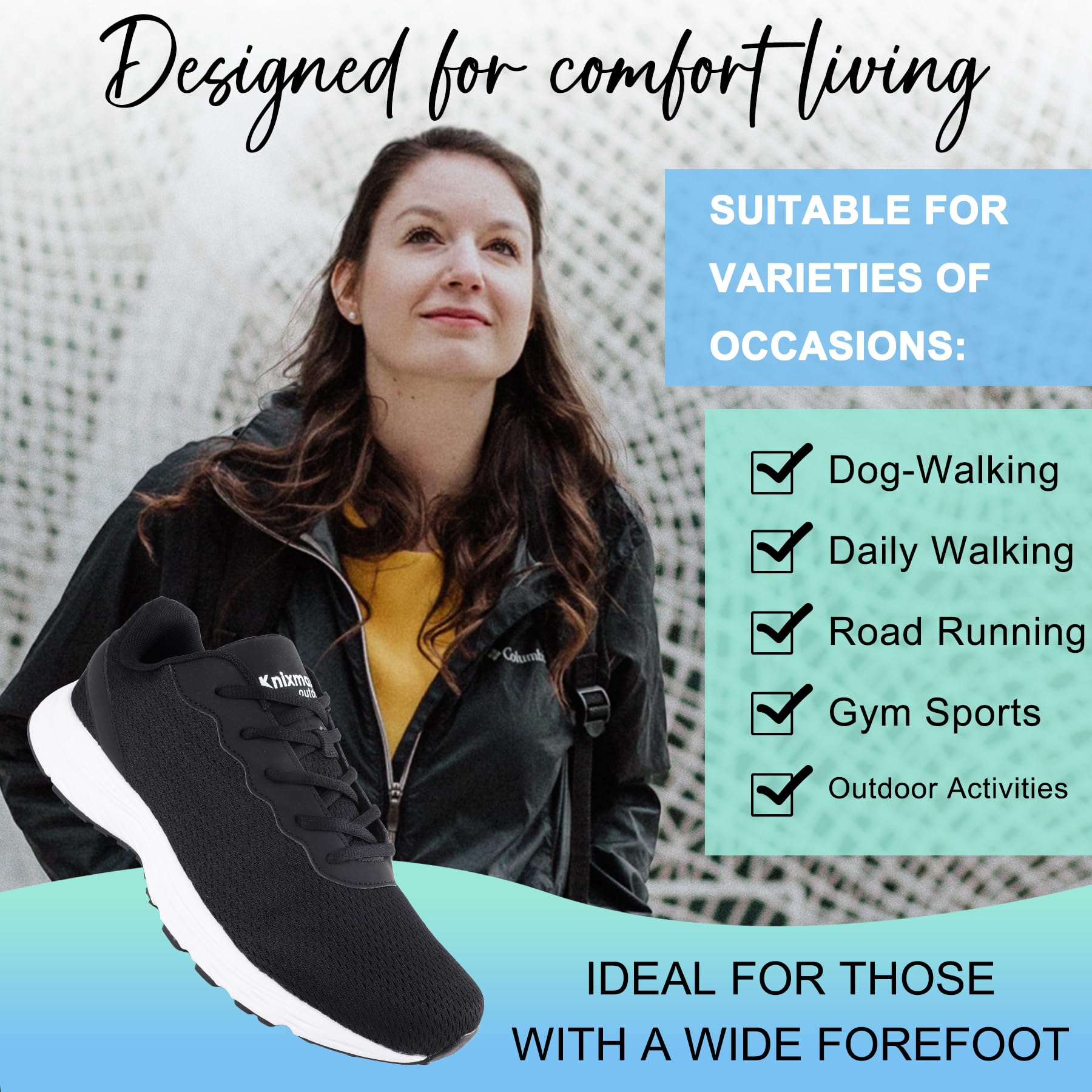 Knixmax Outdoor Herren Damen Extra Weit Laufschuhe Walking Schuhe Breite Turnschuhe Leichte und Atmungsaktive Trainer Bequeme Fitnessschuhe Schwarz EU38 5