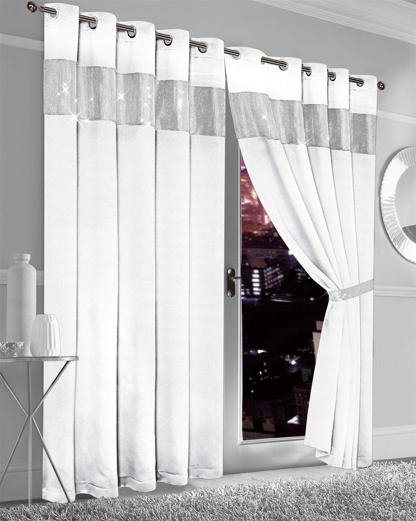 Olivia Rocco Diamante Blackout Eyelet Curtains With Tie Backs Black Out Thermal Ring Top Curtain Pair Window Dressing, 66" (Width) x 54" (Drop) White — image 1